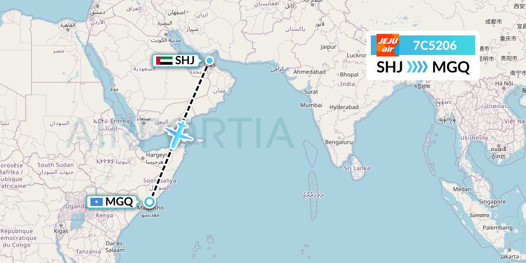 7C5206 Jeju Air Flight Map: Sharjah to Mogadishu