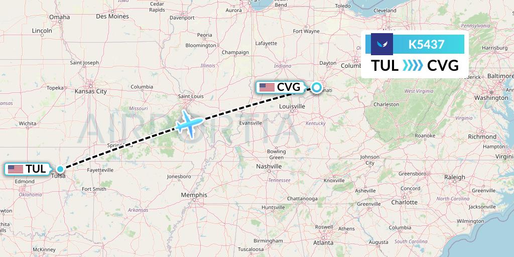 K5437 SeaPort Airlines Flight Map: Tulsa to Cincinnati