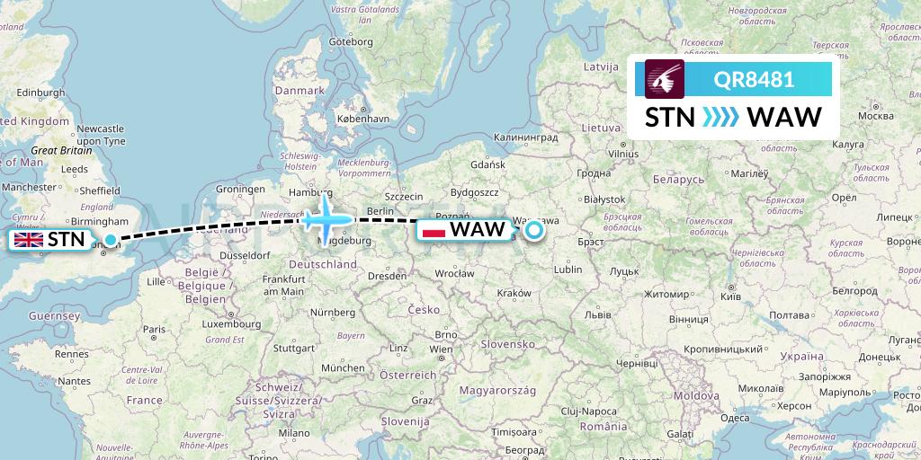 QR8481 Qatar Airways Flight Map: London to Warsaw