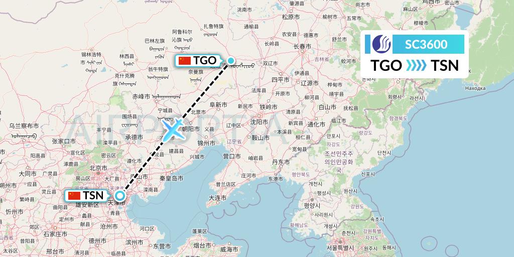 SC3600 Shandong Airlines Flight Map: Tongliao to Tianjin