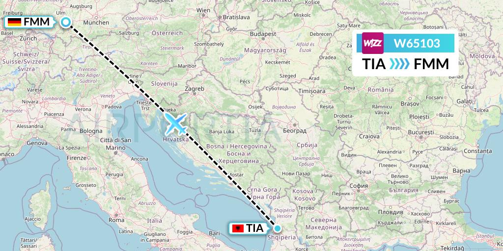 W65103 Wizz Air Flight Map: Tirana to Memmingen