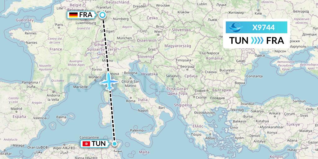 X9744 Avion Express Flight Map: Tunis to Frankfurt