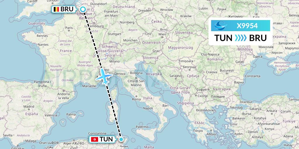 X9954 Avion Express Flight Map: Tunis to Brussels