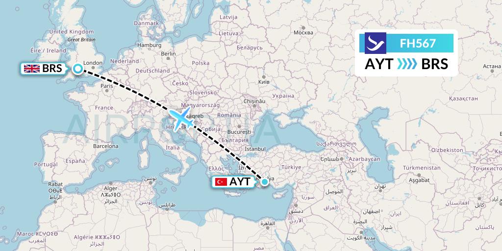 FH567 Freebird Airlines Flight Map: Antalya to Bristol