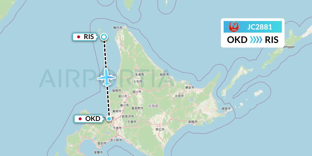 JC2881 Japan Air Commuter Flight Map: Sapporo to Rishiri