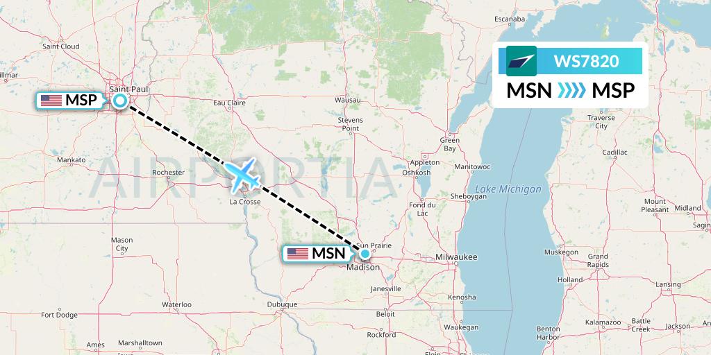 WS7820 WestJet Flight Map: Madison to Minneapolis