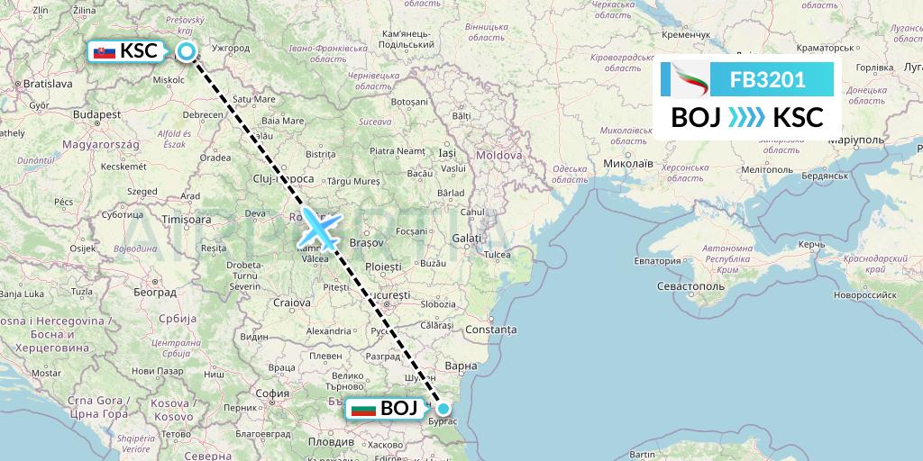 FB3201 Bulgaria Air Flight Map: Burgas to Kosice