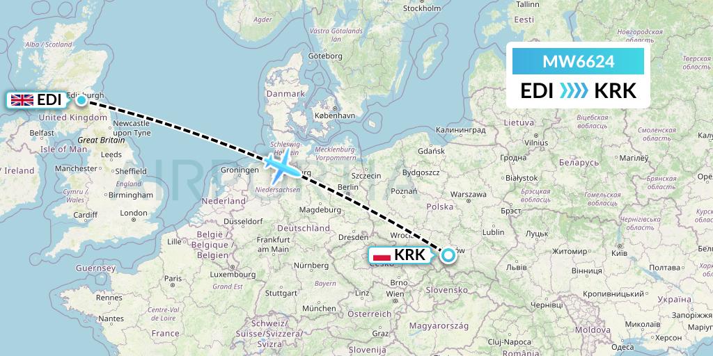 MW6624 Mokulele Flight Service Flight Map: Edinburgh to Krakow