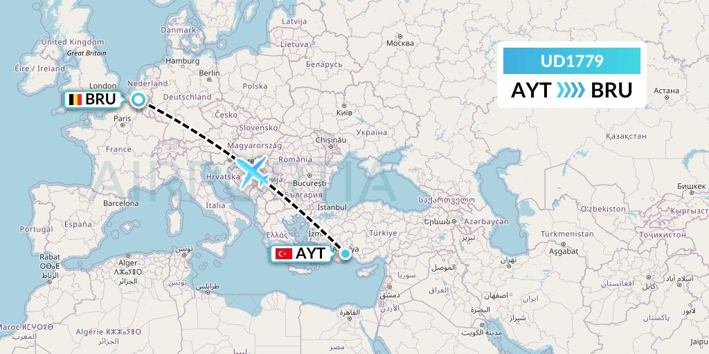 UD1779 UR Airlines Flight Map: Antalya to Brussels