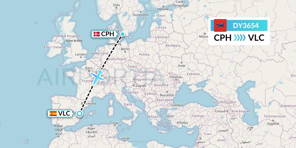 DY3654 Norwegian Flight Map: Copenhagen to Valencia