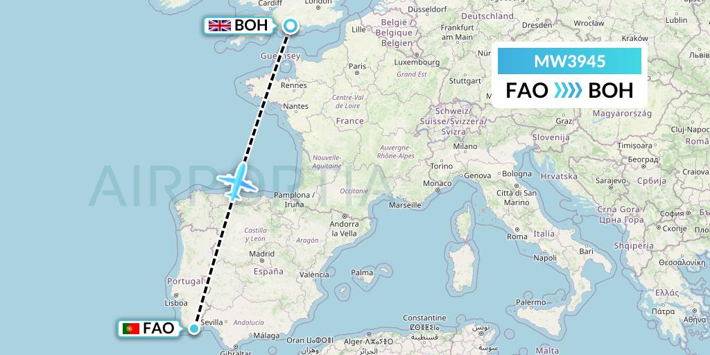 MW3945 Mokulele Flight Service Flight Map: Faro to Bournemouth