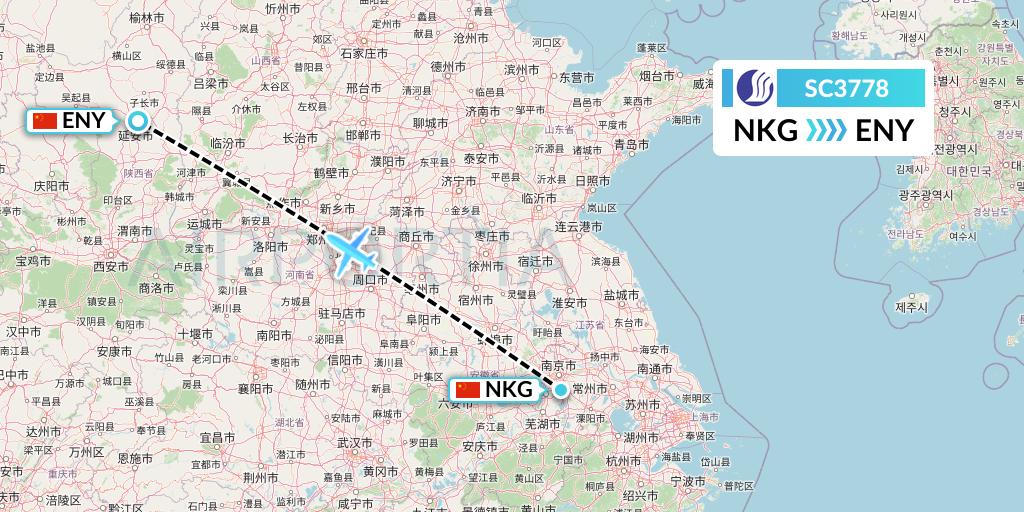 SC3778 Shandong Airlines Flight Map: Nanjing to Yan'an