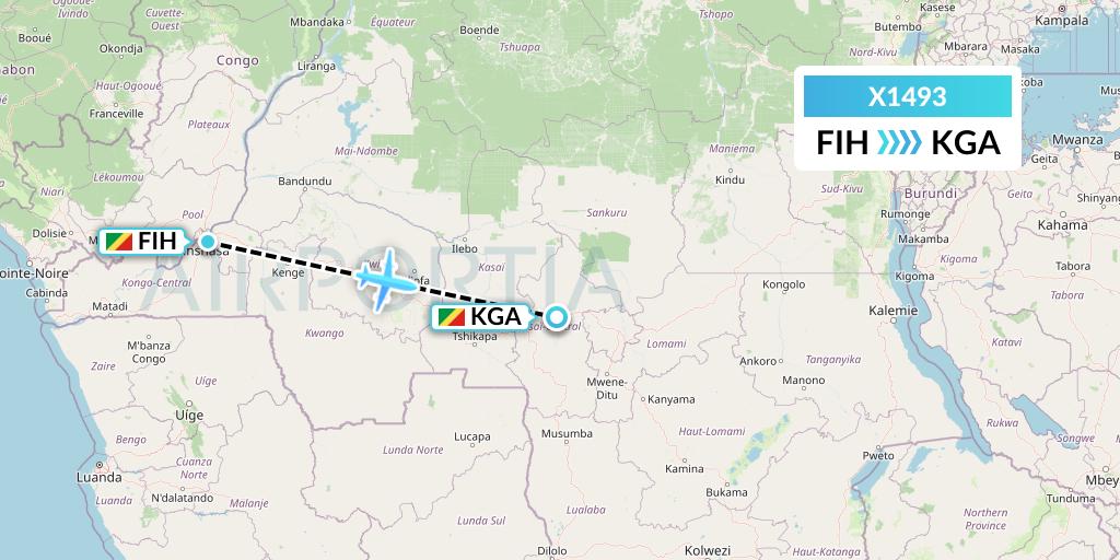 X1493 Nik Airways Flight Map: Kinshasa to Kananga