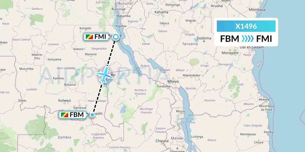 X1496 Nik Airways Flight Map: Lubumbashi to Congo