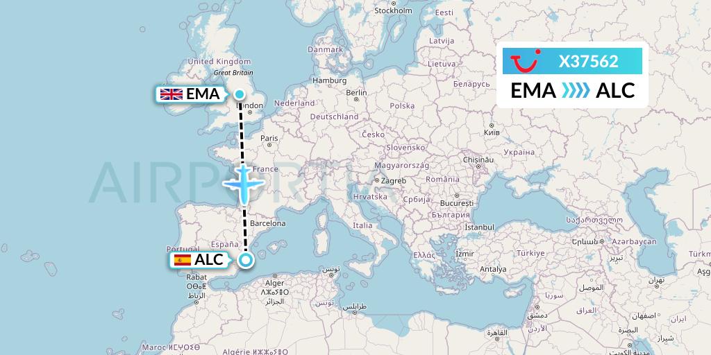 X37562 TUI fly Germany Flight Map: East Midlands to Alicante