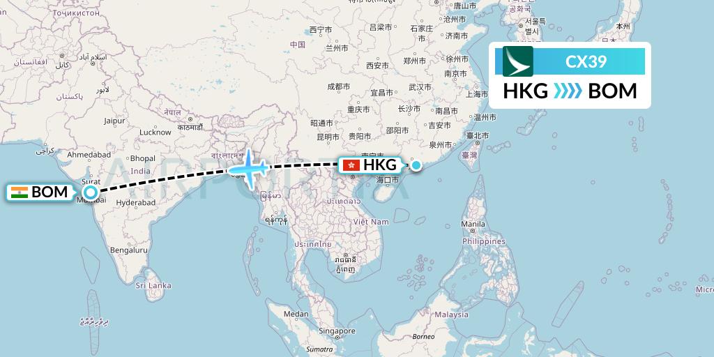 CX39 Cathay Pacific Flight Map: Hong Kong to Mumbai