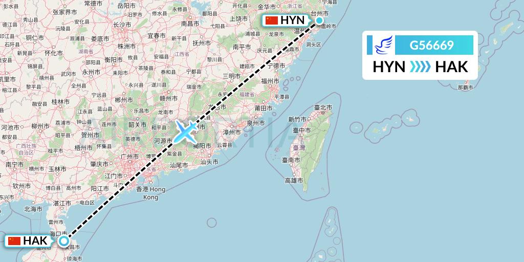 G56669 China Express Airlines Flight Map: Huangyan to Haikou