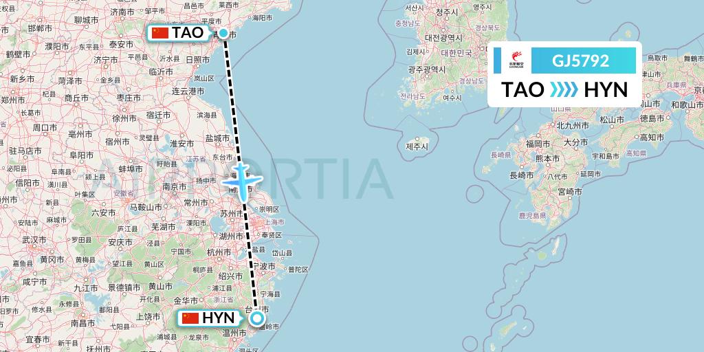 GJ5792 Loong Airlines Flight Map: Qingdao to Huangyan