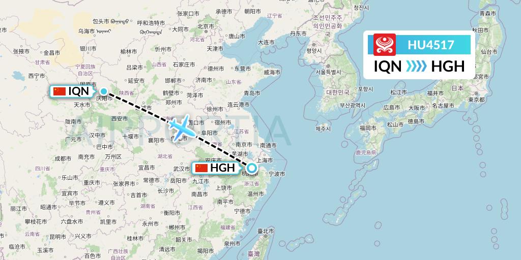 HU4517 Hainan Airlines Flight Map: Qingyang to Hangzhou