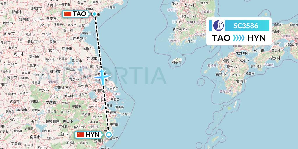 SC3586 Shandong Airlines Flight Map: Qingdao to Huangyan