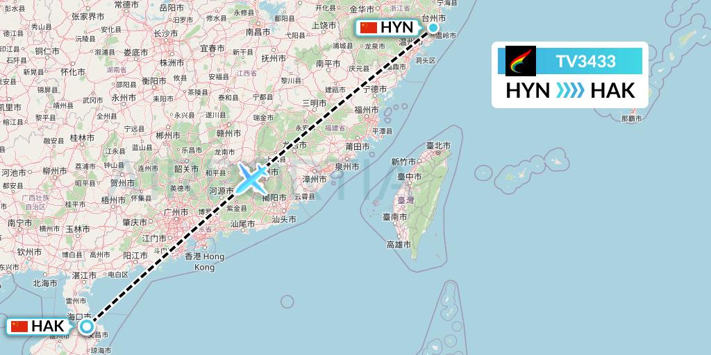 TV3433 Tibet Airlines Flight Map: Huangyan to Haikou