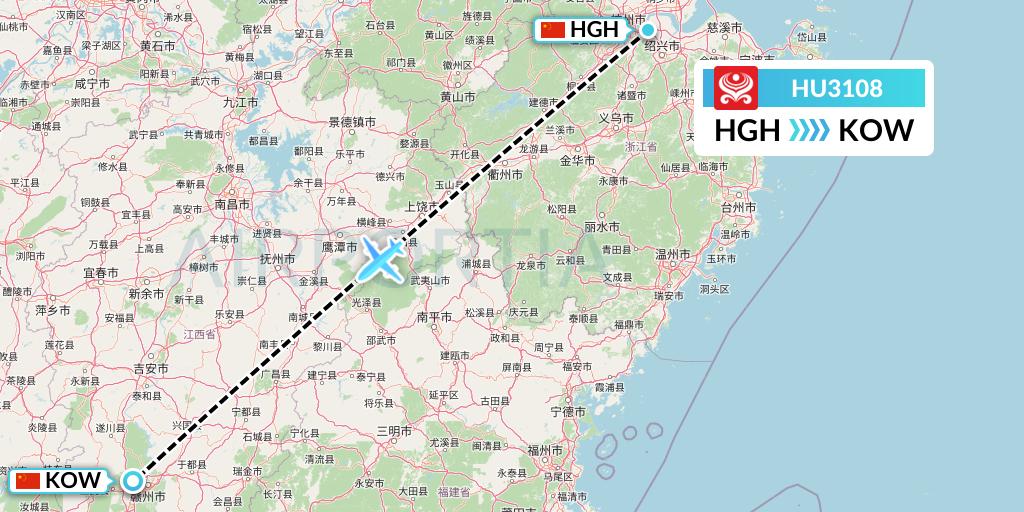 HU3108 Hainan Airlines Flight Map: Hangzhou to Ganzhou