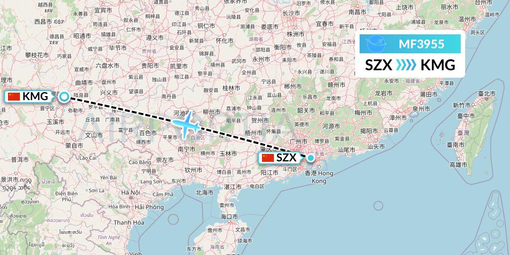 MF3955 Xiamen Airlines Flight Map: Shenzhen to Kunming