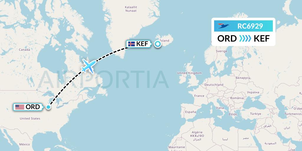 RC6929 Atlantic Airways Flight Map: Chicago to Reykjavik