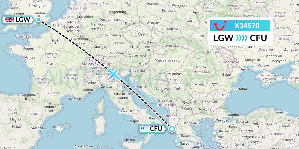 X34570 TUI fly Germany Flight Map: London to Corfu