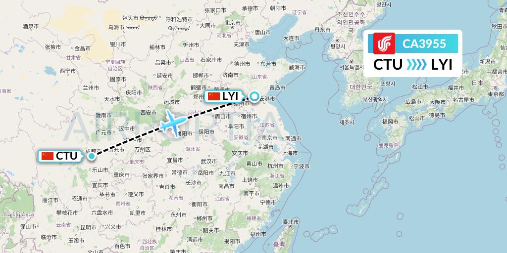 CA3955 Air China Flight Map: Chengdu to Linyi