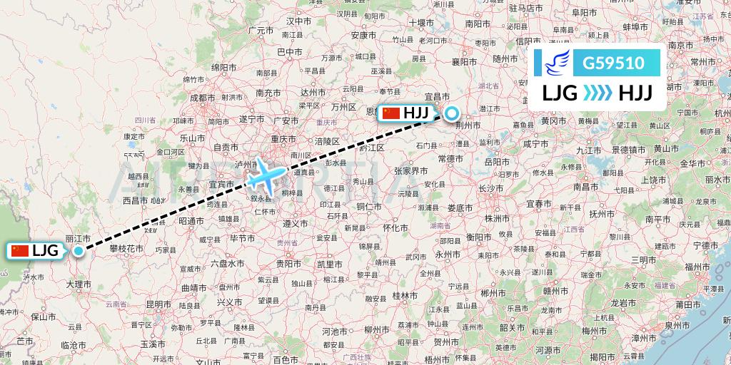 G59510 China Express Airlines Flight Map: Lijiang to Huaihua