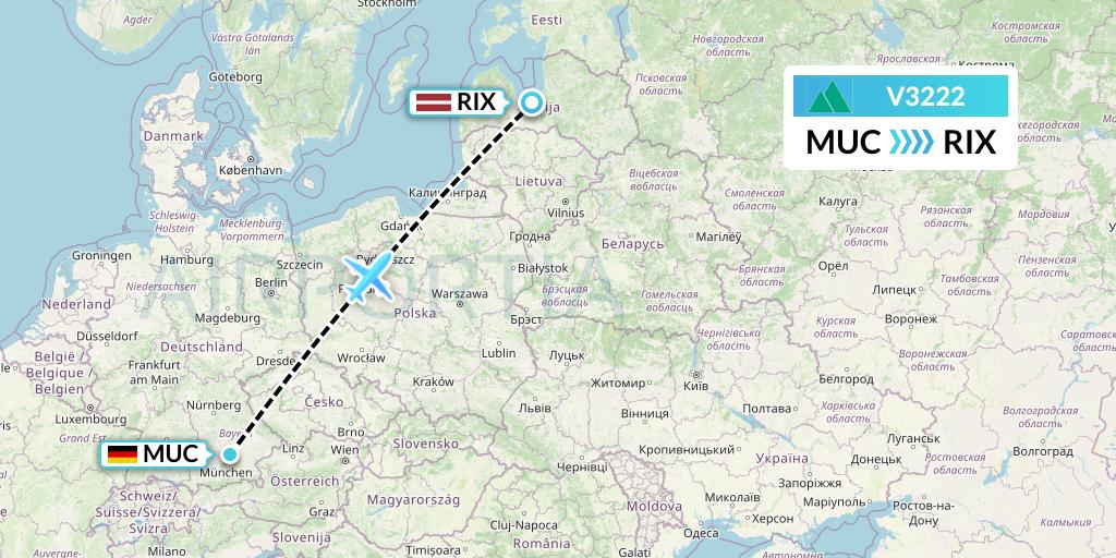 V3222 Carpatair Flight Map: Munich to Riga
