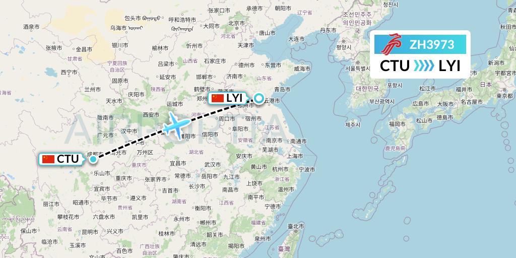 ZH3973 Shenzhen Airlines Flight Map: Chengdu to Linyi