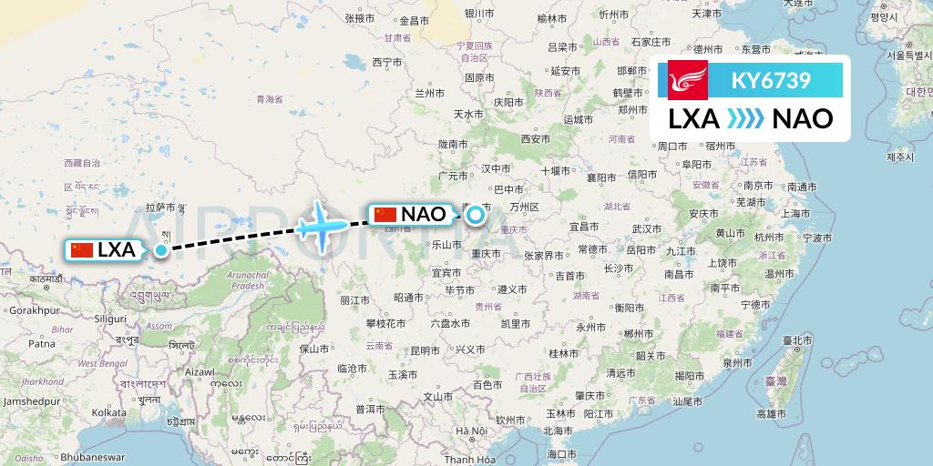 KY6739 Kunming Airlines Flight Map: Lhasa to Nanchong