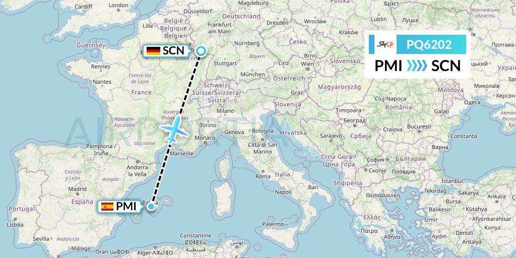 PQ6202 SkyUp Airlines Flight Map: Palma de Mallorca to Saarbrucken