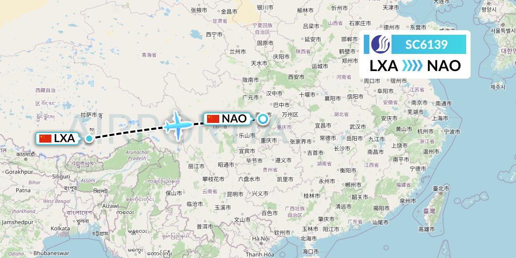 SC6139 Shandong Airlines Flight Map: Lhasa to Nanchong