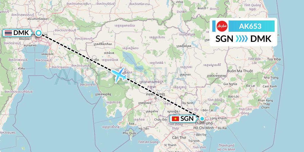 AK653 AirAsia Flight Map: Ho Chi Minh City to Bangkok