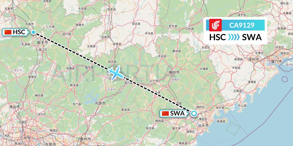 CA9129 Air China Flight Map: Shaoguan to Jieyang