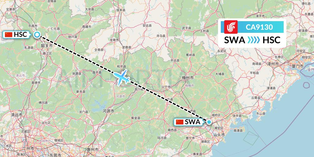 CA9130 Air China Flight Map: Jieyang to Shaoguan