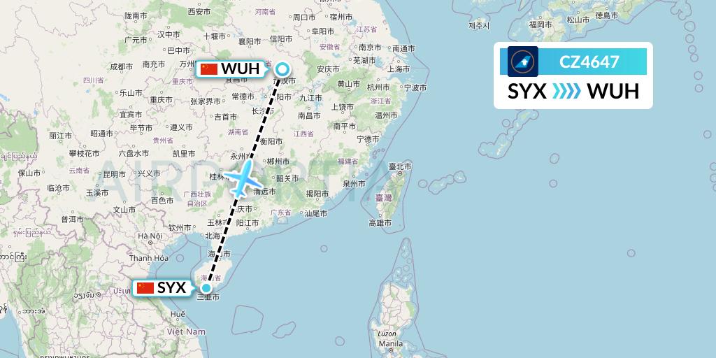 CZ4647 China Southern Airlines Flight Map: Sanya to Wuhan