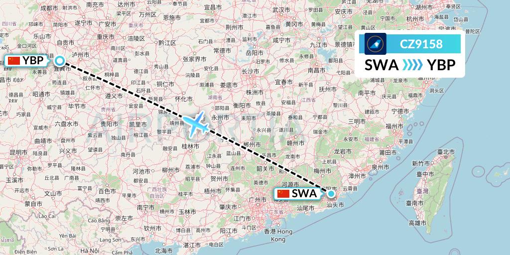 CZ9158 China Southern Airlines Flight Map: Jieyang to Yibin