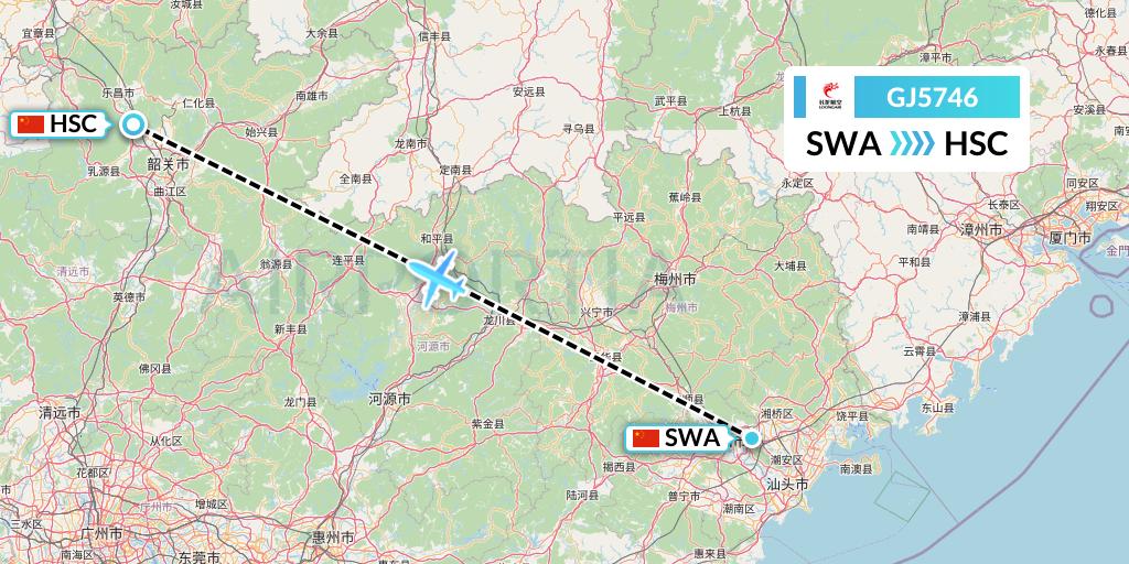 GJ5746 Loong Airlines Flight Map: Jieyang to Shaoguan