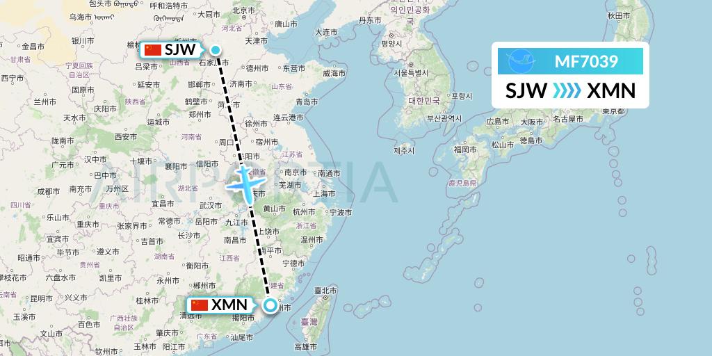 MF7039 Xiamen Airlines Flight Map: Shijiazhuang to Xiamen