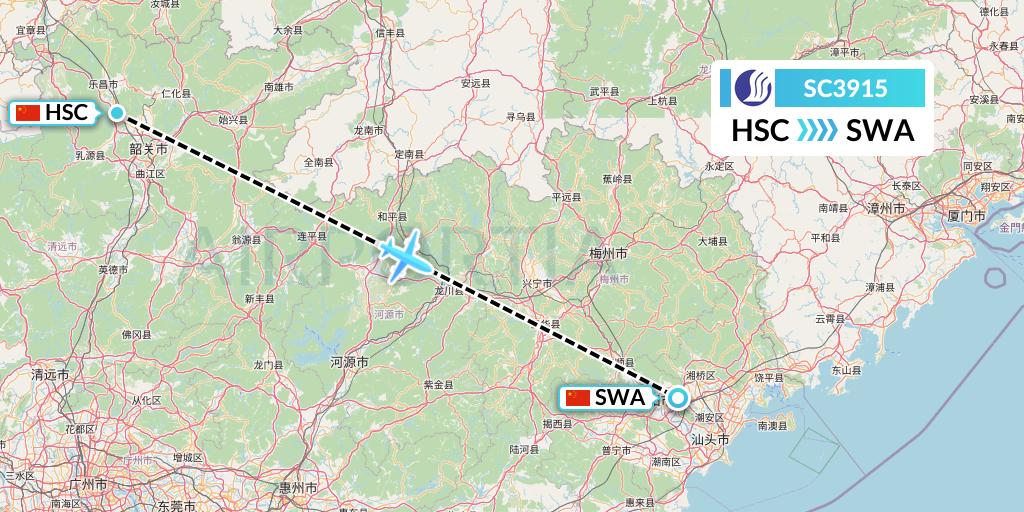 SC3915 Shandong Airlines Flight Map: Shaoguan to Jieyang