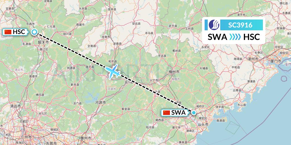 SC3916 Shandong Airlines Flight Map: Jieyang to Shaoguan