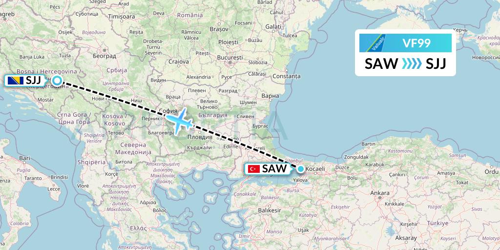 VF99 ValuAir Flight Map: Istanbul to Sarajevo