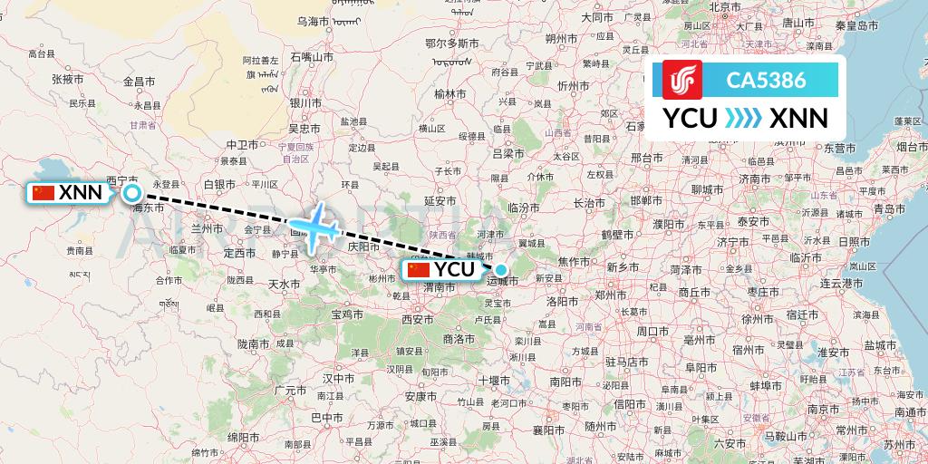CA5386 Air China Flight Map: Yuncheng to Xining