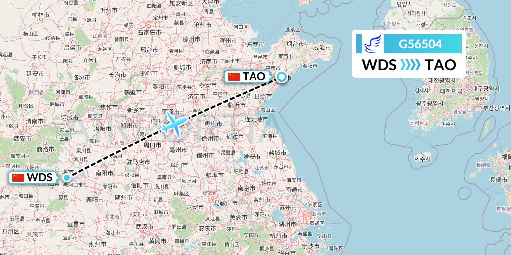 G56504 China Express Airlines Flight Map: Shiyan to Qingdao