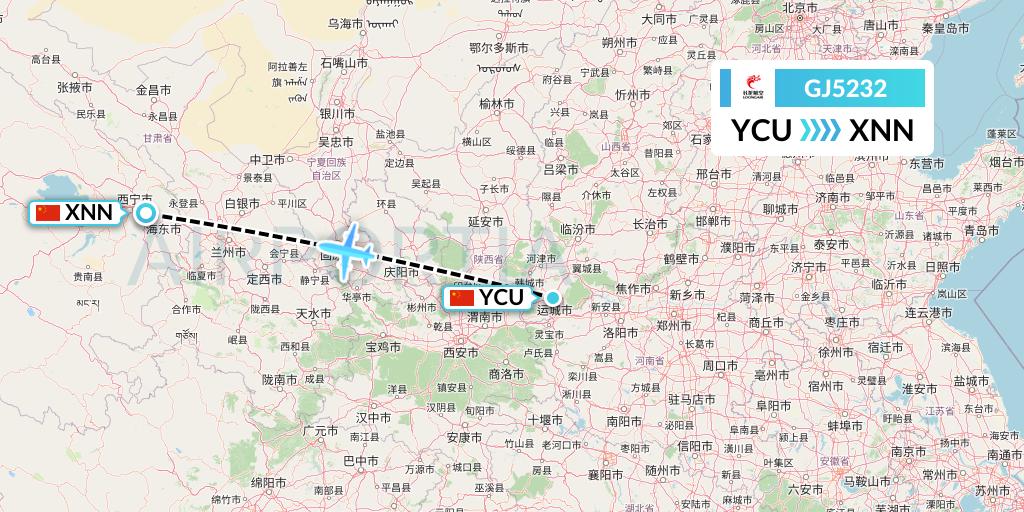 GJ5232 Loong Airlines Flight Map: Yuncheng to Xining