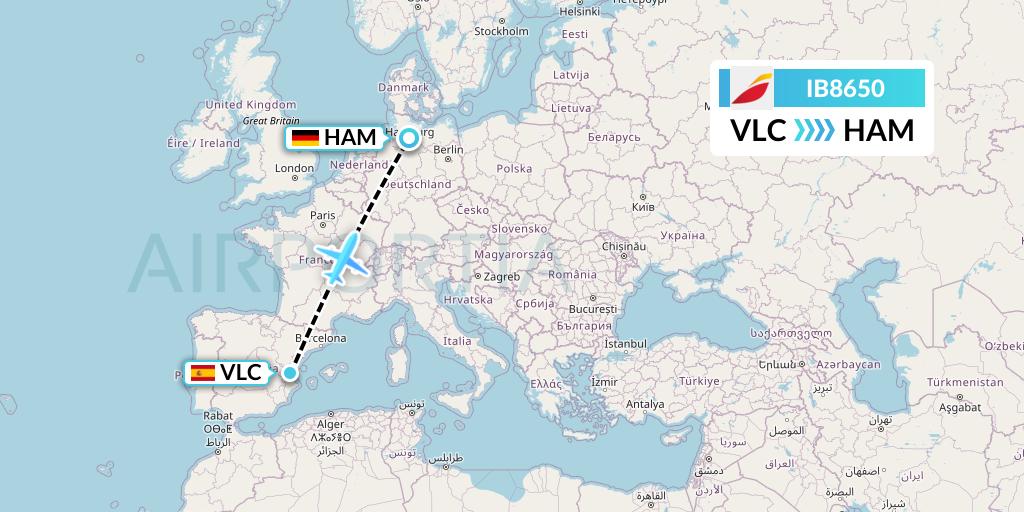 IB8650 Iberia Flight Map: Valencia to Hamburg